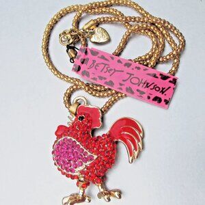 Signed BETSEY JOHNSON Red Pink Rhinestone ROOSTER Long Necklace NWT